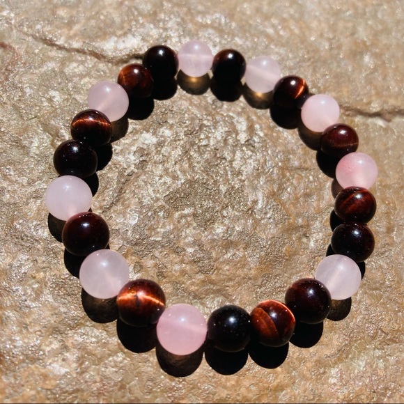 Red Tiger Eye * Rose Quartz Gemstone Bracelet - Picture 2 of 5